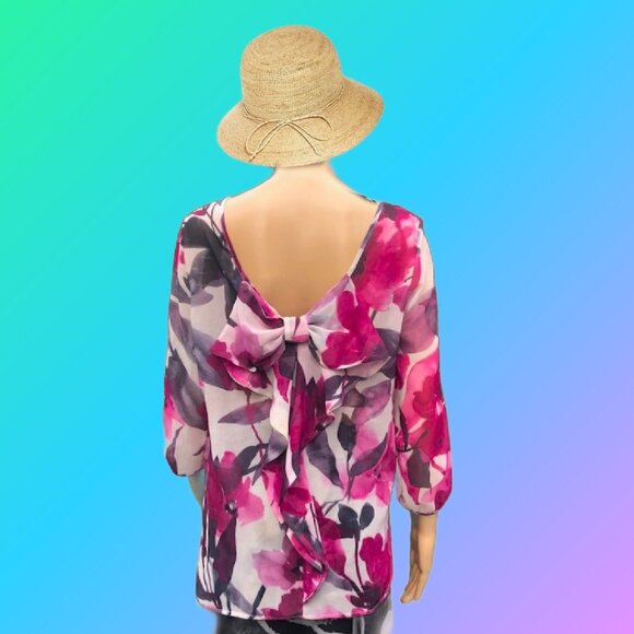 SWEET PEA by Stacy Frati Flower Print Blouse Back V-neck with Bow Sz S-M - Picture 2 of 8